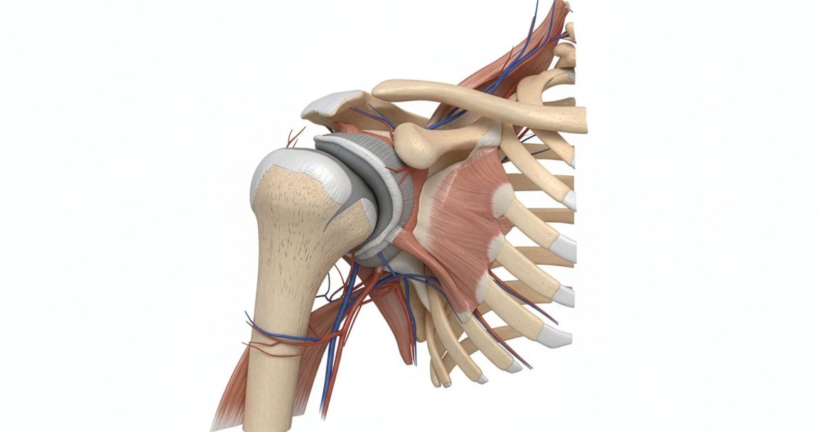 3D anatomy illustration of the shoulder joint and rotator cuff