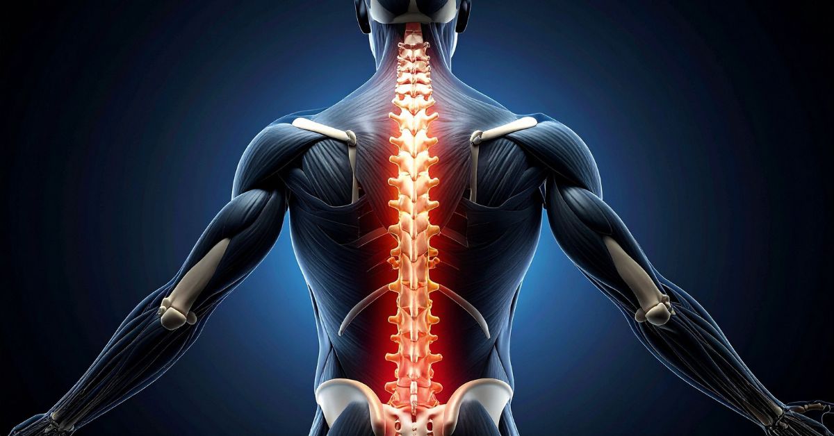 Illustration of the human spine and nerves highlighting the source of radiating back and leg pain treated with an epidural steroid injection